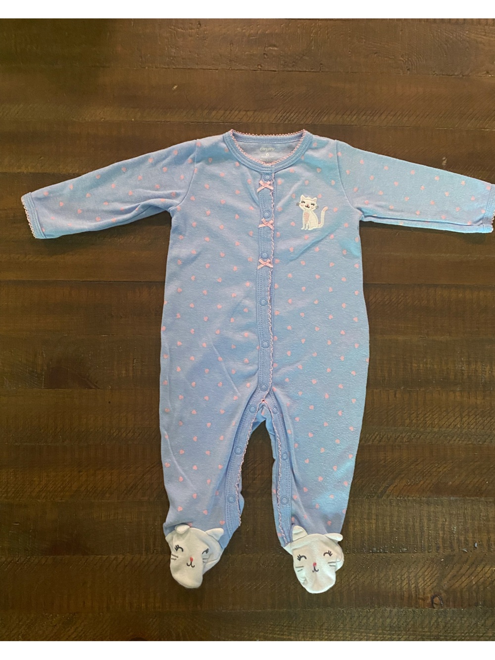 Baby Girl Elegant Light Blue Footed Sleeper with Pink Hearts, 6 Months